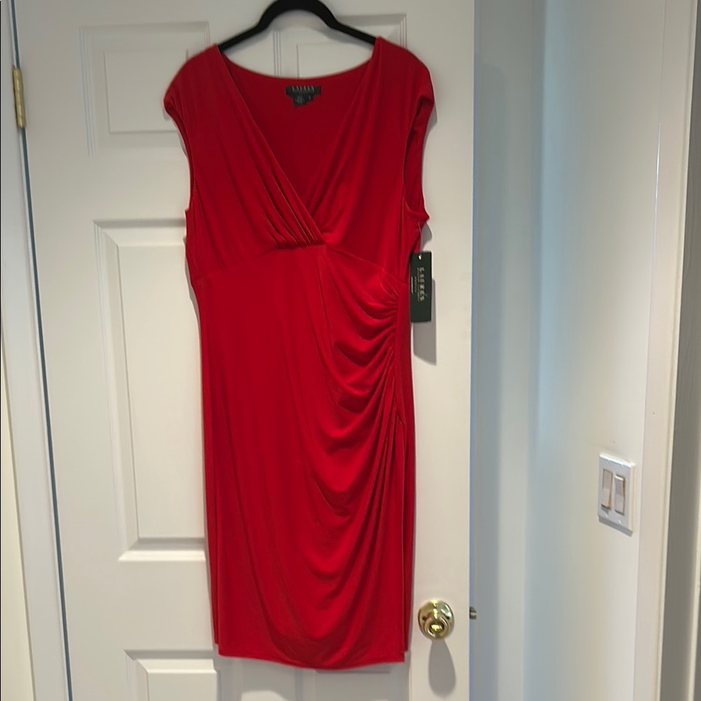 Ralph Lauren Red Asymmetrical Ruched Midi Dress